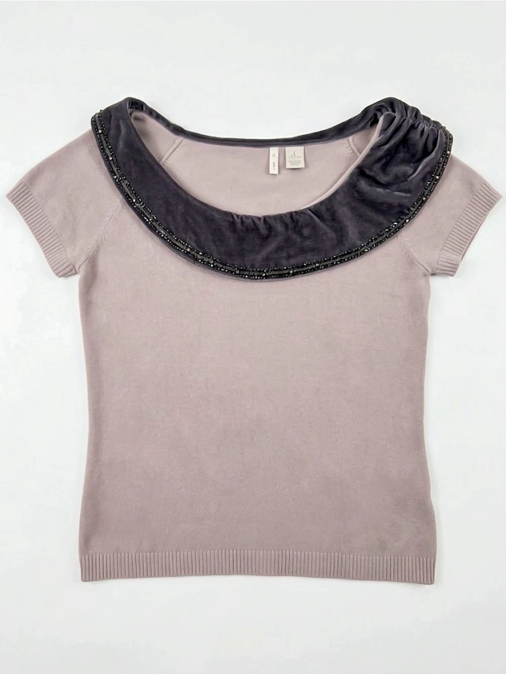 Anthropologie Moth Velvet Cowl Neck Sweater Top Beaded Trim Mauve Taupe L